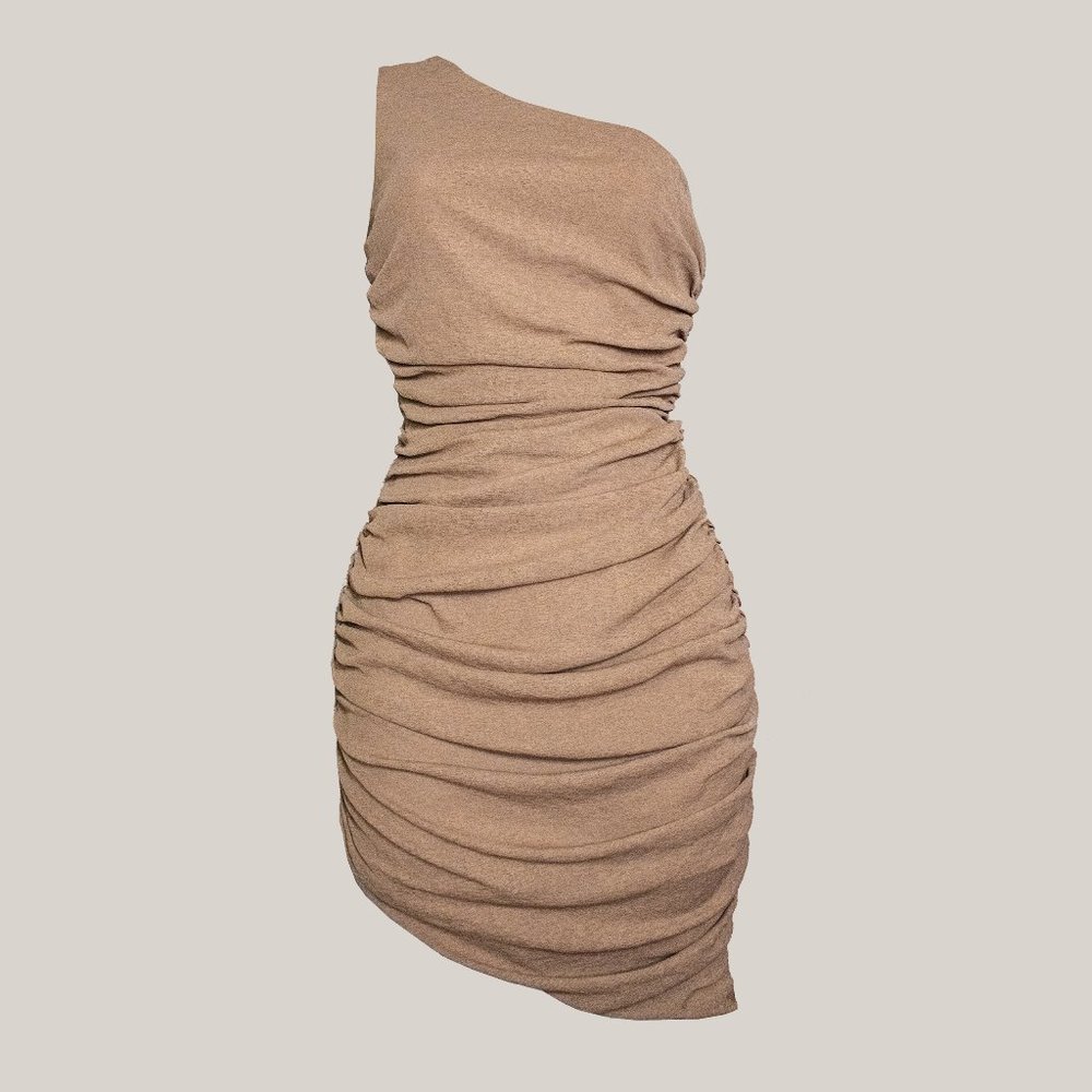 Shop Monteza Mumbai Taupe Mini Dress One shoulder